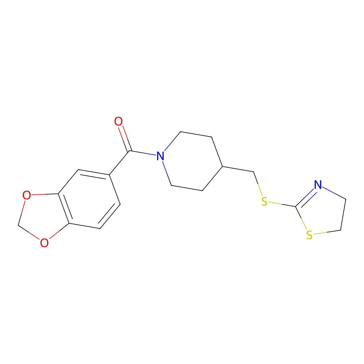 Benzo[d][1,3]dioxol-5-yl(4-(((4,5-dihydrothiazol-2-yl)thio)methyl)piperidin-1-yl)methanone molecular structure, CAS 1396630-14-0
