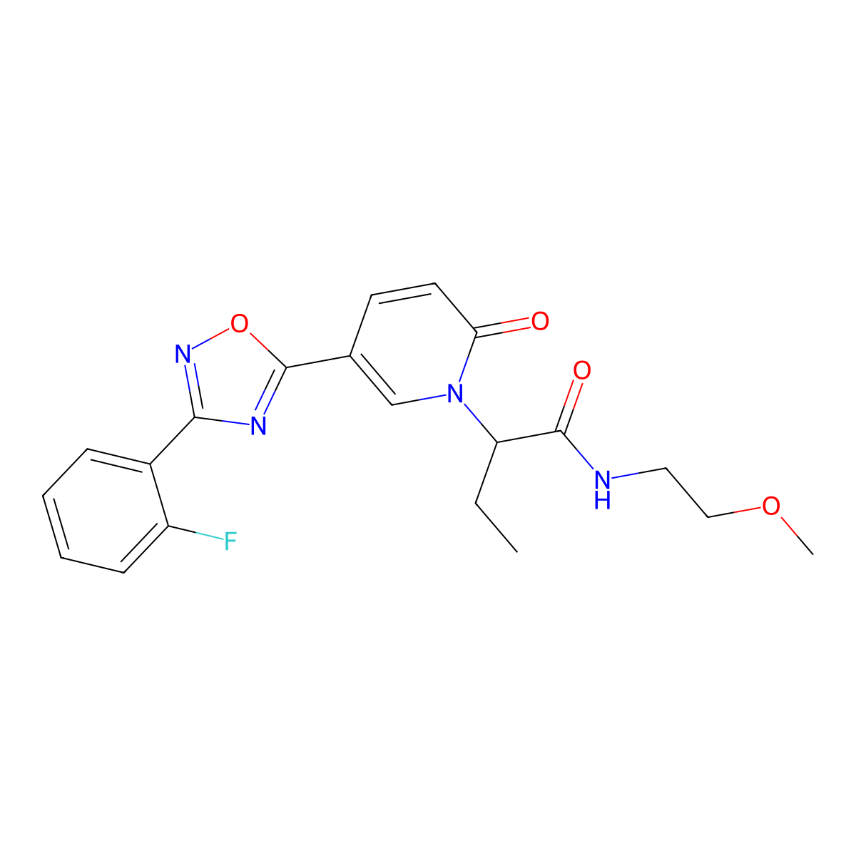 2-[5-[3-(2-fluorophenyl)-1,2,4-oxadiazol-5-yl]-2-oxopyridin-1(2H)-yl]-N-(2-methoxyethyl)butanamide molecular structure, CAS 1396630-25-3