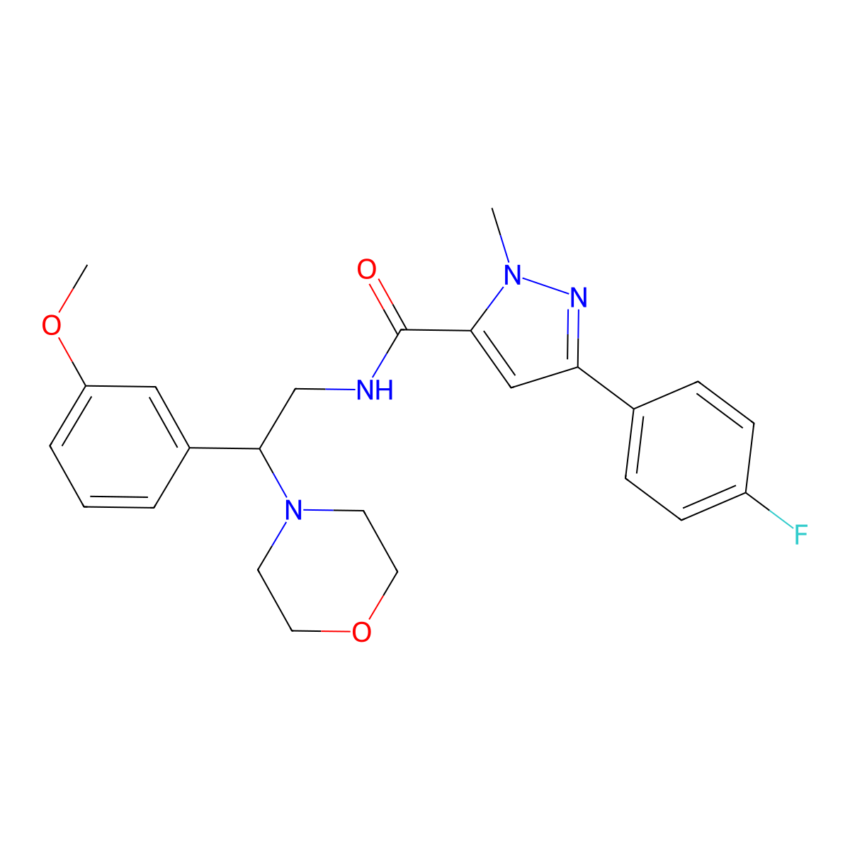 3-(4-fluorophenyl)-N-(2-(3-methoxyphenyl)-2-morpholinoethyl)-1-methyl-1H-pyrazole-5-carboxamide molecular structure, CAS 1396630-30-0