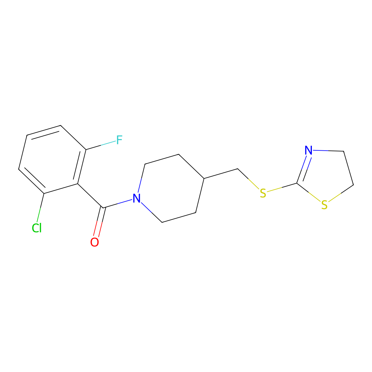 (2-Chloro-6-fluorophenyl)(4-(((4,5-dihydrothiazol-2-yl)thio)methyl)piperidin-1-yl)methanone molecular structure, CAS 1396630-57-1