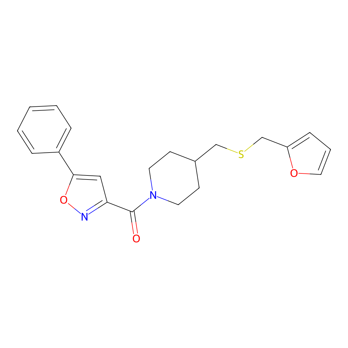 (4-(((Furan-2-ylmethyl)thio)methyl)piperidin-1-yl)(5-phenylisoxazol-3-yl)methanone molecular structure, CAS 1396630-60-6