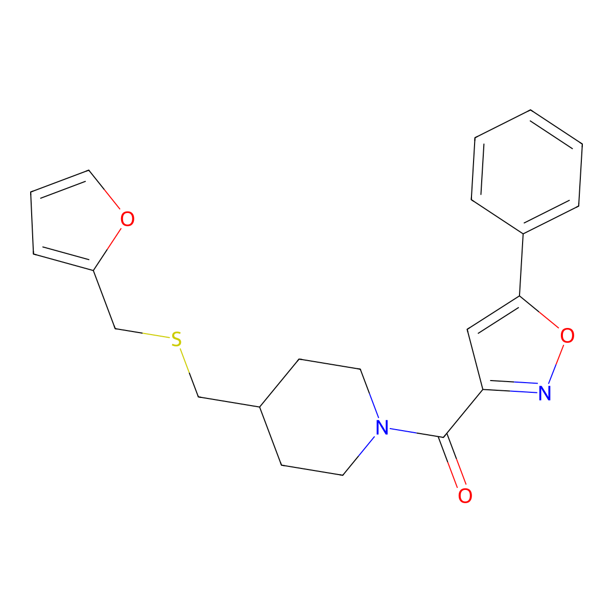 (4-(((Furan-2-ylmethyl)thio)methyl)piperidin-1-yl)(5-phenylisoxazol-3-yl)methanone molecular structure, CAS 1396630-60-6