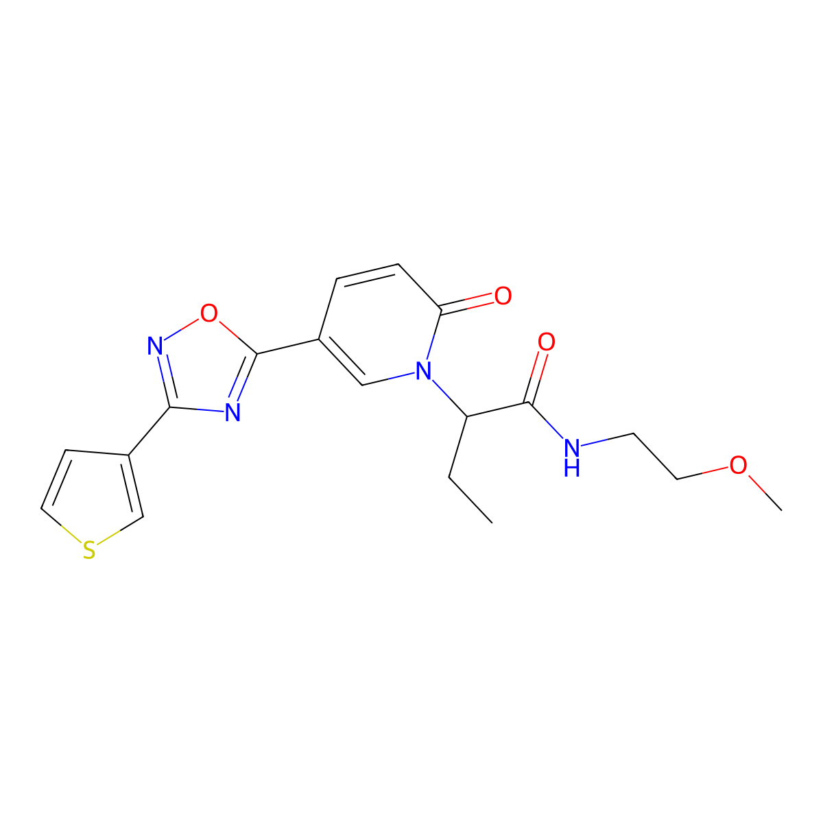 N-(2-methoxyethyl)-2-[2-oxo-5-[3-(3-thienyl)-1,2,4-oxadiazol-5-yl]pyridin-1(2H)-yl]butanamide molecular structure, CAS 1396630-62-8