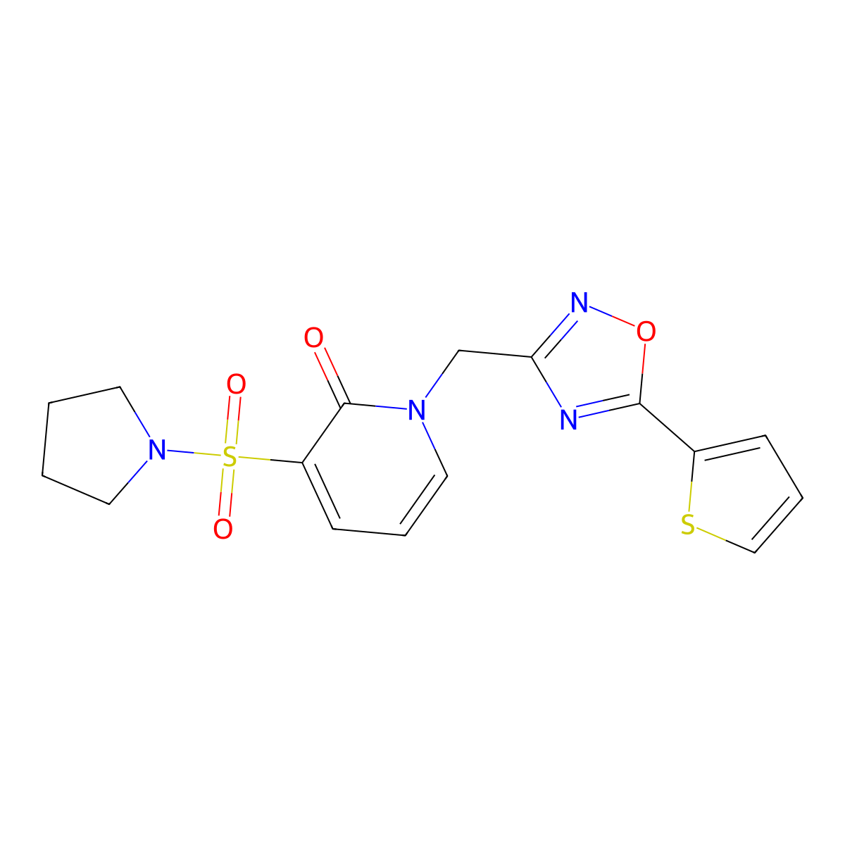 3-(pyrrolidin-1-ylsulfonyl)-1-{[5-(2-thienyl)-1,2,4-oxadiazol-3-yl]methyl}pyridin-2(1H)-one molecular structure, CAS 1396630-65-1