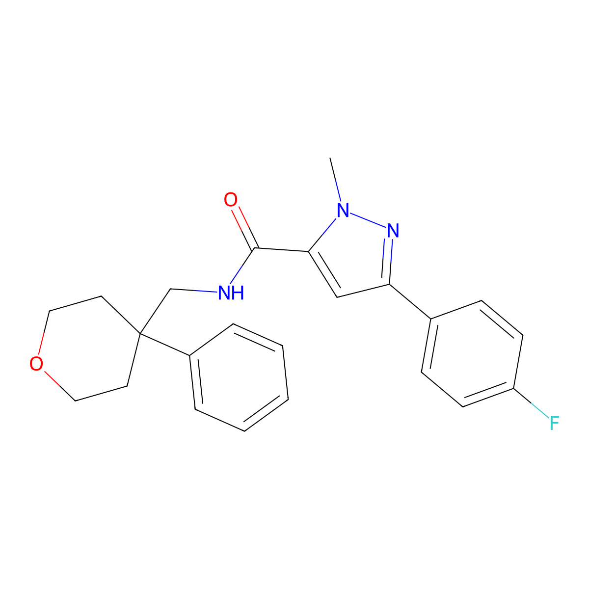 3-(4-fluorophenyl)-1-methyl-N-((4-phenyltetrahydro-2H-pyran-4-yl)methyl)-1H-pyrazole-5-carboxamide molecular structure, CAS 1396630-73-1