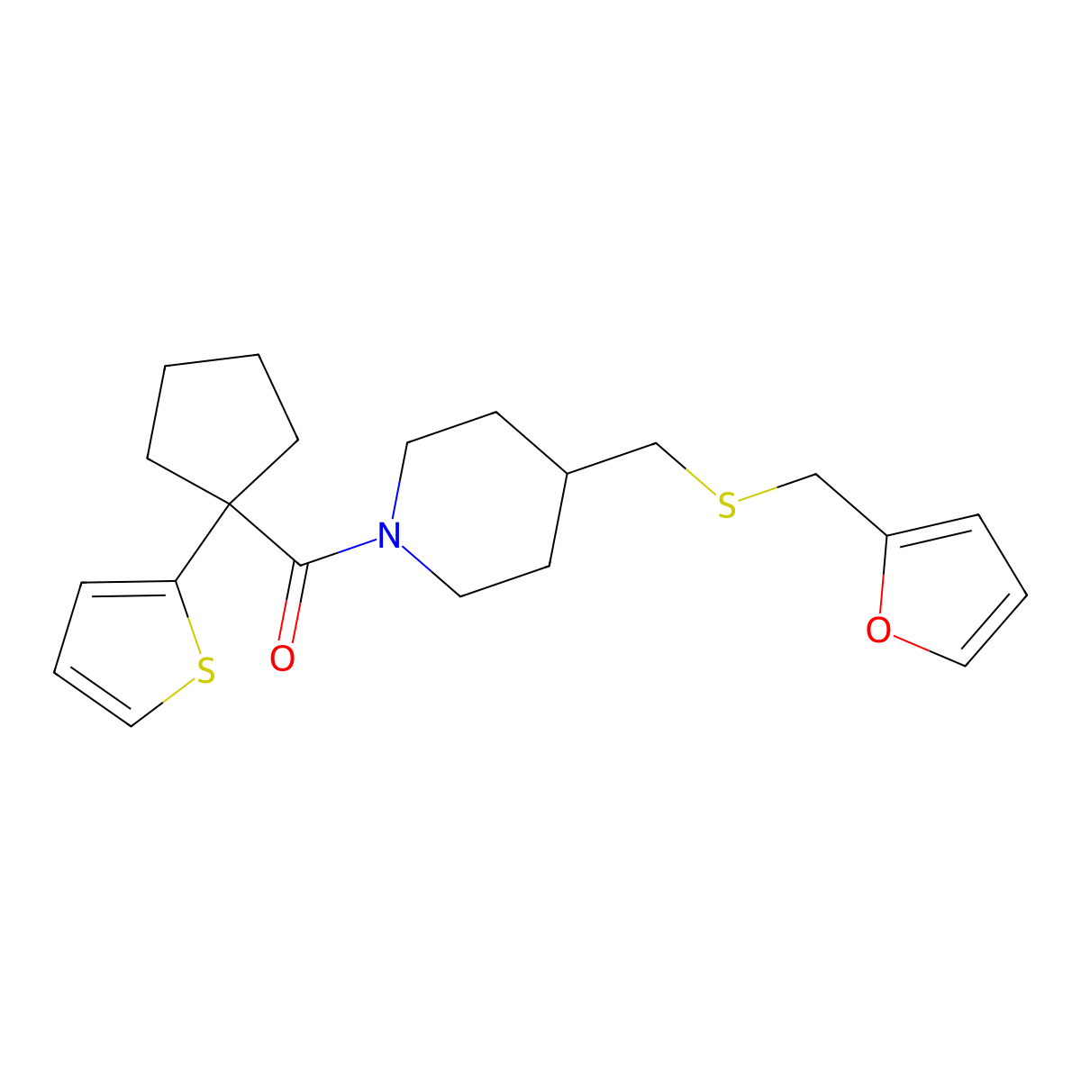 (4-(((Furan-2-ylmethyl)thio)methyl)piperidin-1-yl)(1-(thiophen-2-yl)cyclopentyl)methanone molecular structure, CAS 1396630-80-0
