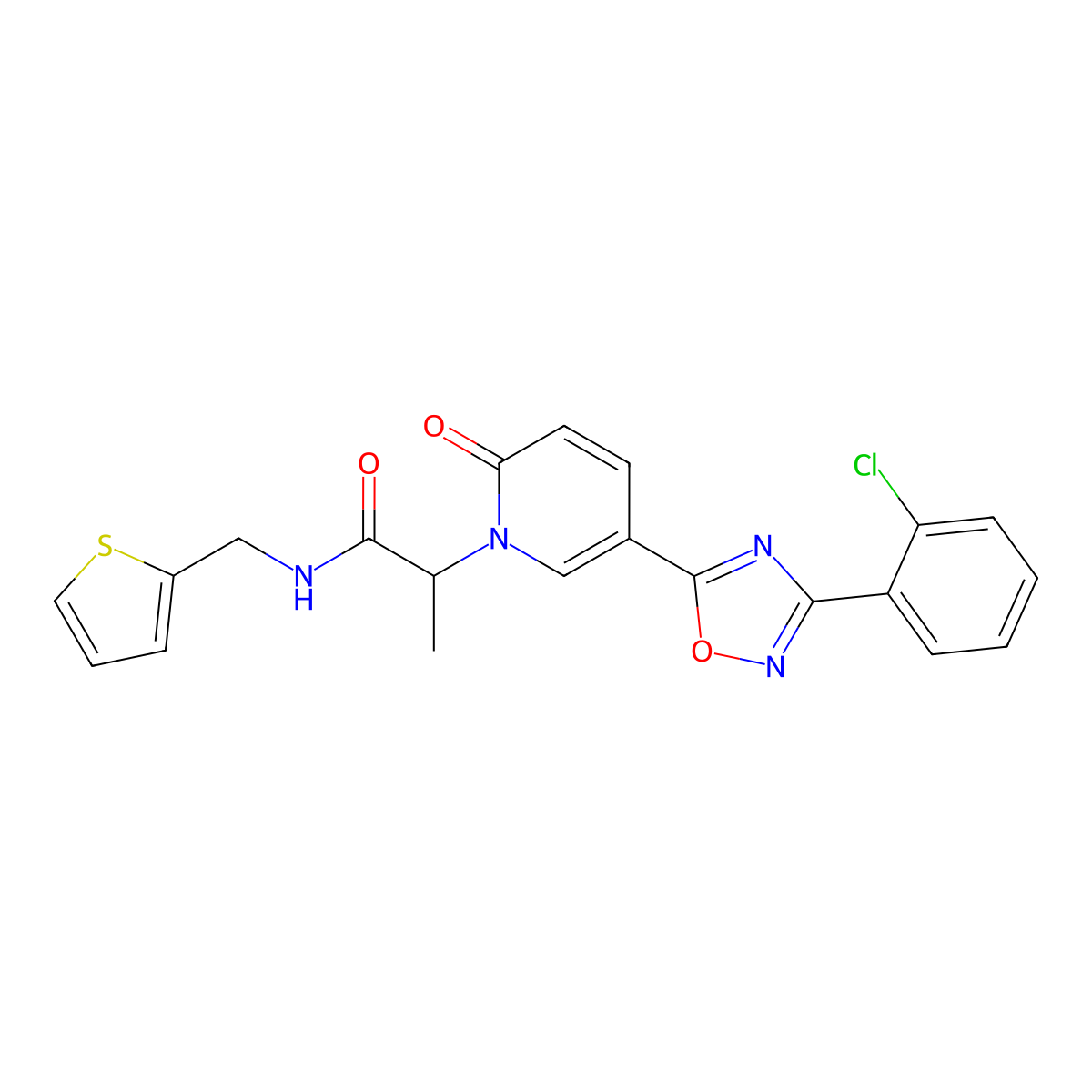 2-(5-(3-(2-chlorophenyl)-1,2,4-oxadiazol-5-yl)-2-oxopyridin-1(2H)-yl)-N-(thiophen-2-ylmethyl)propanamide molecular structure, CAS 1396630-85-5