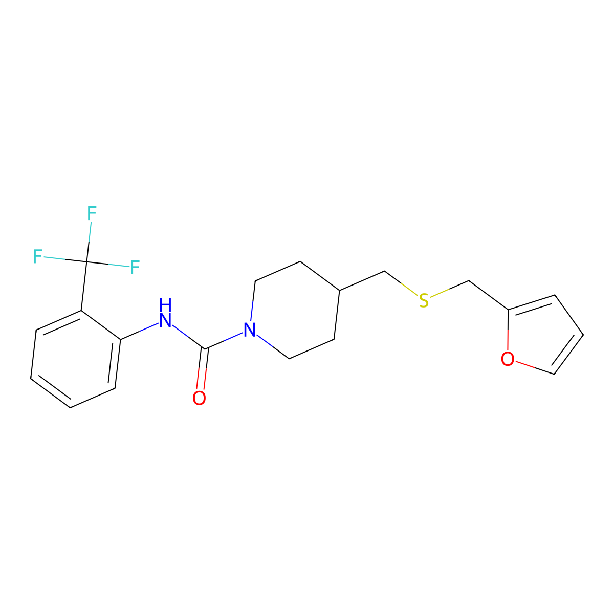 4-(((furan-2-ylmethyl)thio)methyl)-N-(2-(trifluoromethyl)phenyl)piperidine-1-carboxamide molecular structure, CAS 1396631-01-8