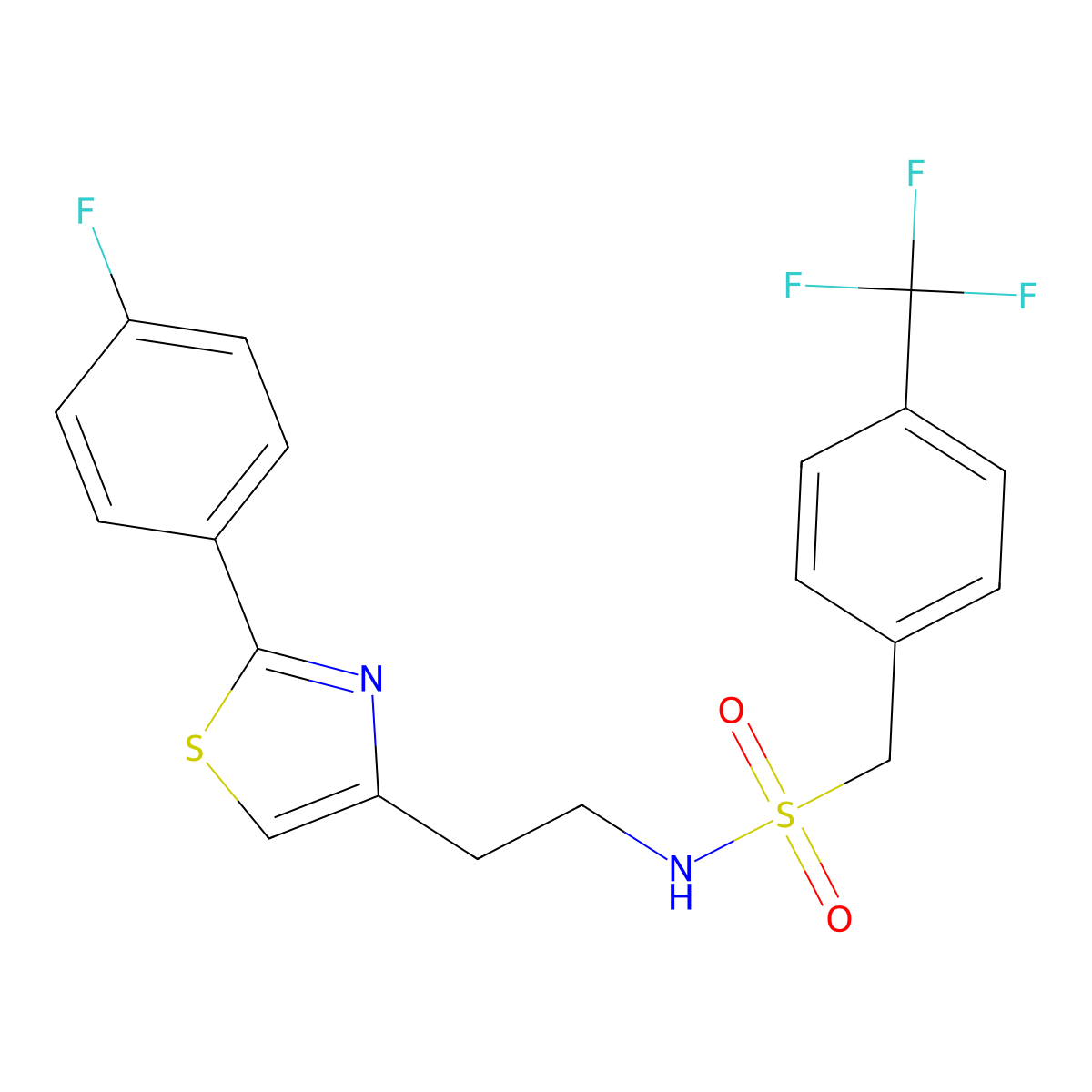 N-(2-(2-(4-fluorophenyl)thiazol-4-yl)ethyl)-1-(4-(trifluoromethyl)phenyl)methanesulfonamide molecular structure, CAS 1396631-04-1
