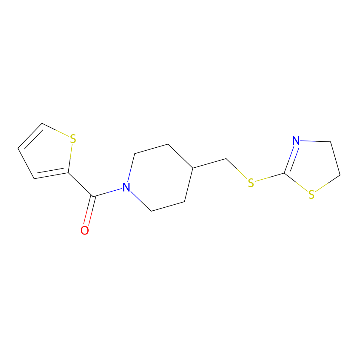 (4-(((4,5-Dihydrothiazol-2-yl)thio)methyl)piperidin-1-yl)(thiophen-2-yl)methanone molecular structure, CAS 1396631-11-0