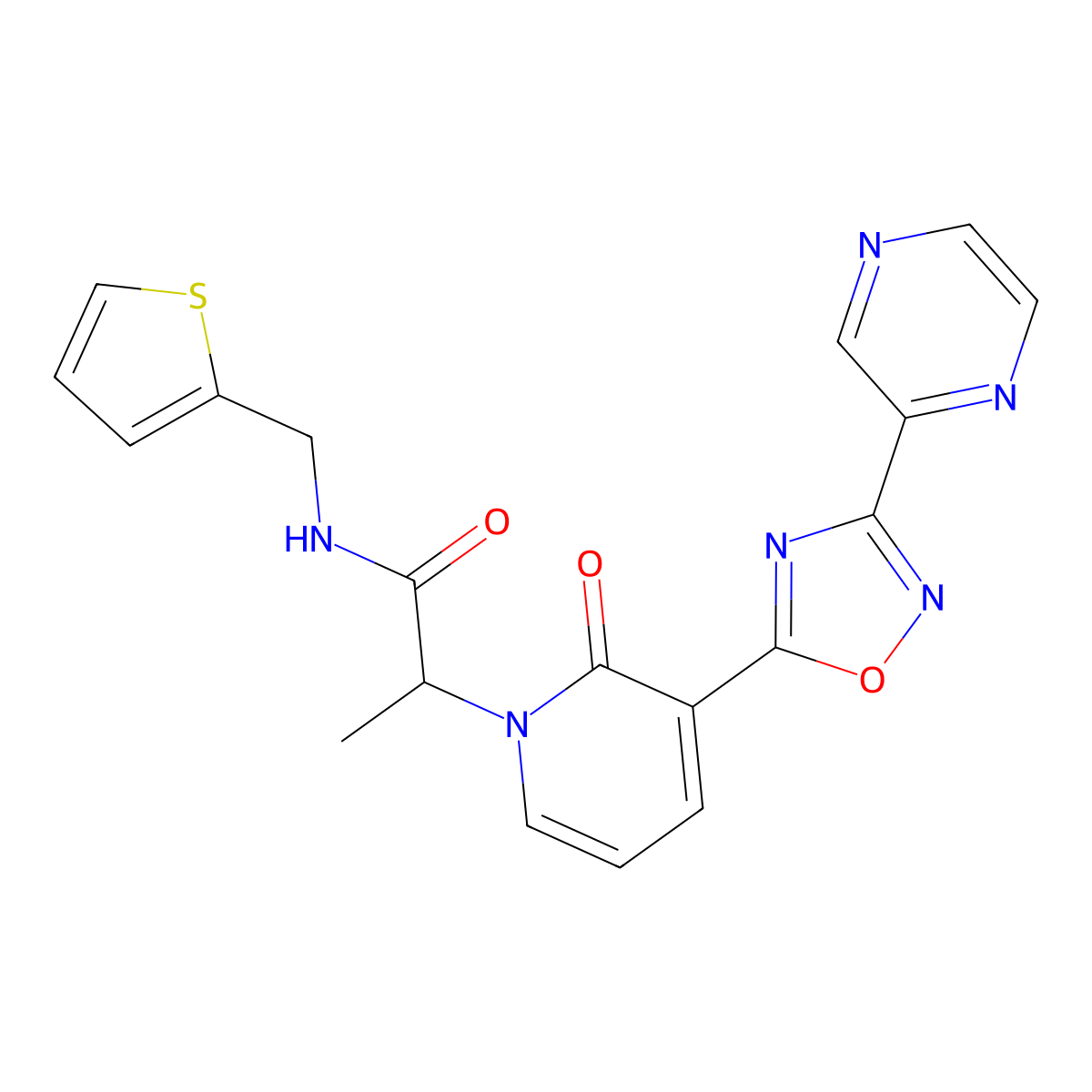 2-(2-oxo-3-(3-(pyrazin-2-yl)-1,2,4-oxadiazol-5-yl)pyridin-1(2H)-yl)-N-(thiophen-2-ylmethyl)propanamide molecular structure, CAS 1396631-28-9