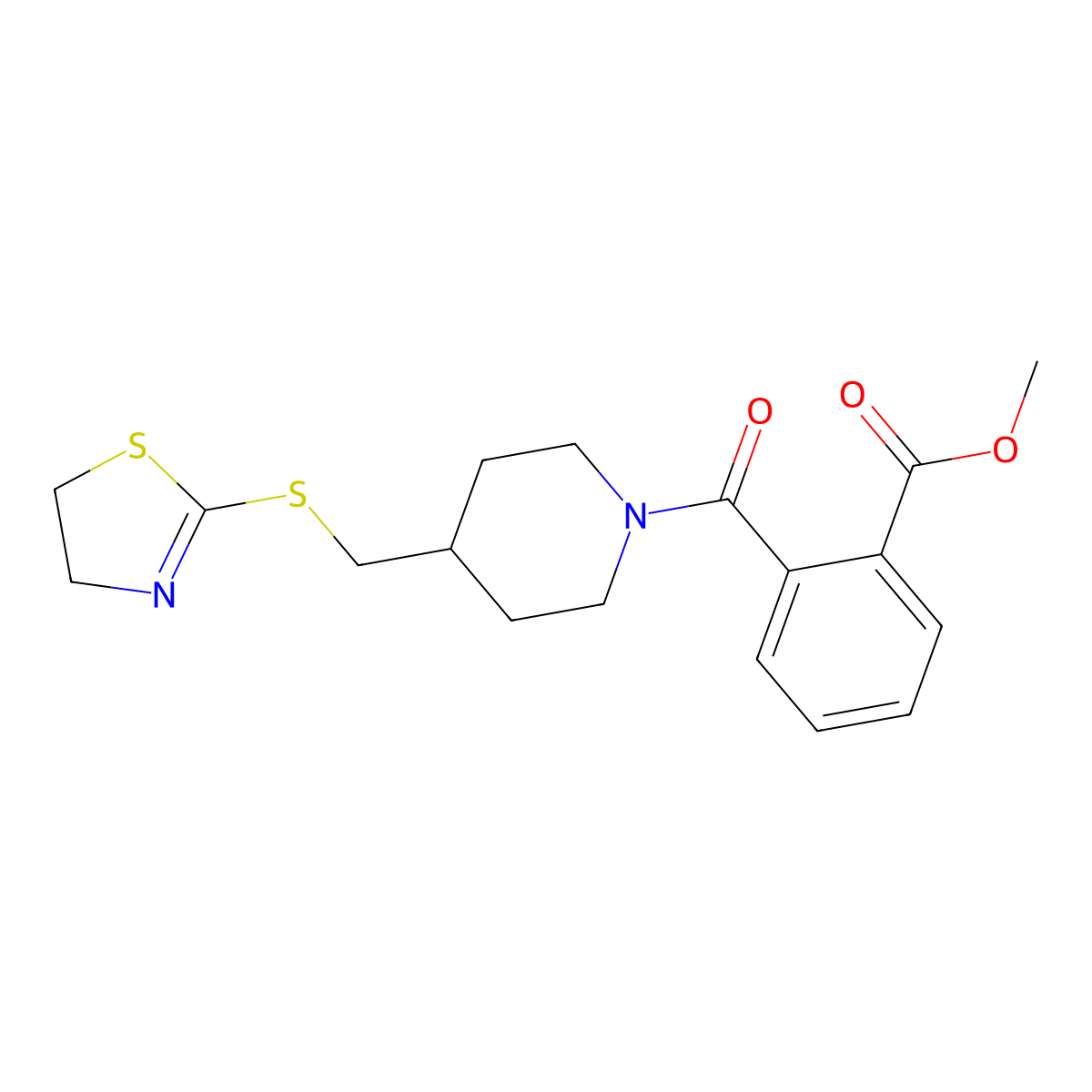Methyl 2-(4-(((4,5-dihydrothiazol-2-yl)thio)methyl)piperidine-1-carbonyl)benzoate molecular structure, CAS 1396631-46-1
