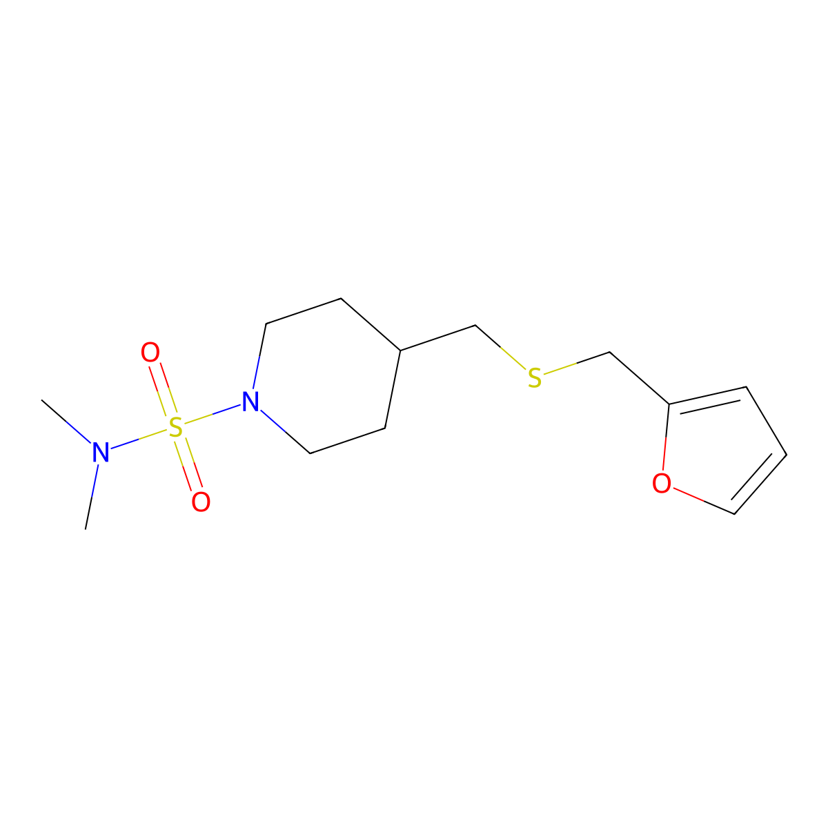 4-(((furan-2-ylmethyl)thio)methyl)-N,N-dimethylpiperidine-1-sulfonamide molecular structure, CAS 1396631-49-4