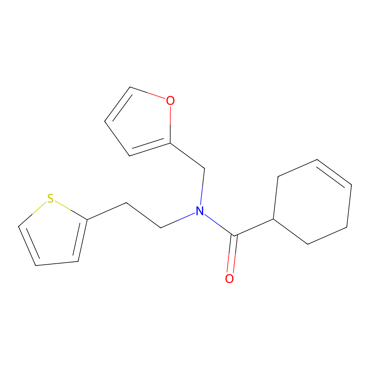 N-(furan-2-ylmethyl)-N-(2-(thiophen-2-yl)ethyl)cyclohex-3-enecarboxamide molecular structure, CAS 1396631-58-5