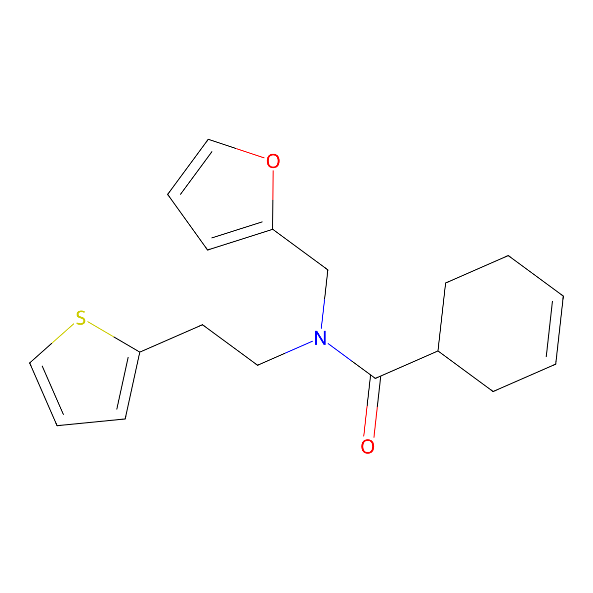 N-(furan-2-ylmethyl)-N-(2-(thiophen-2-yl)ethyl)cyclohex-3-enecarboxamide molecular structure, CAS 1396631-58-5