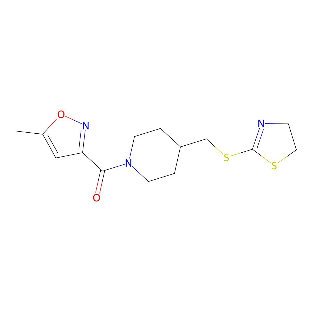 (4-(((4,5-Dihydrothiazol-2-yl)thio)methyl)piperidin-1-yl)(5-methylisoxazol-3-yl)methanone molecular structure, CAS 1396631-64-3