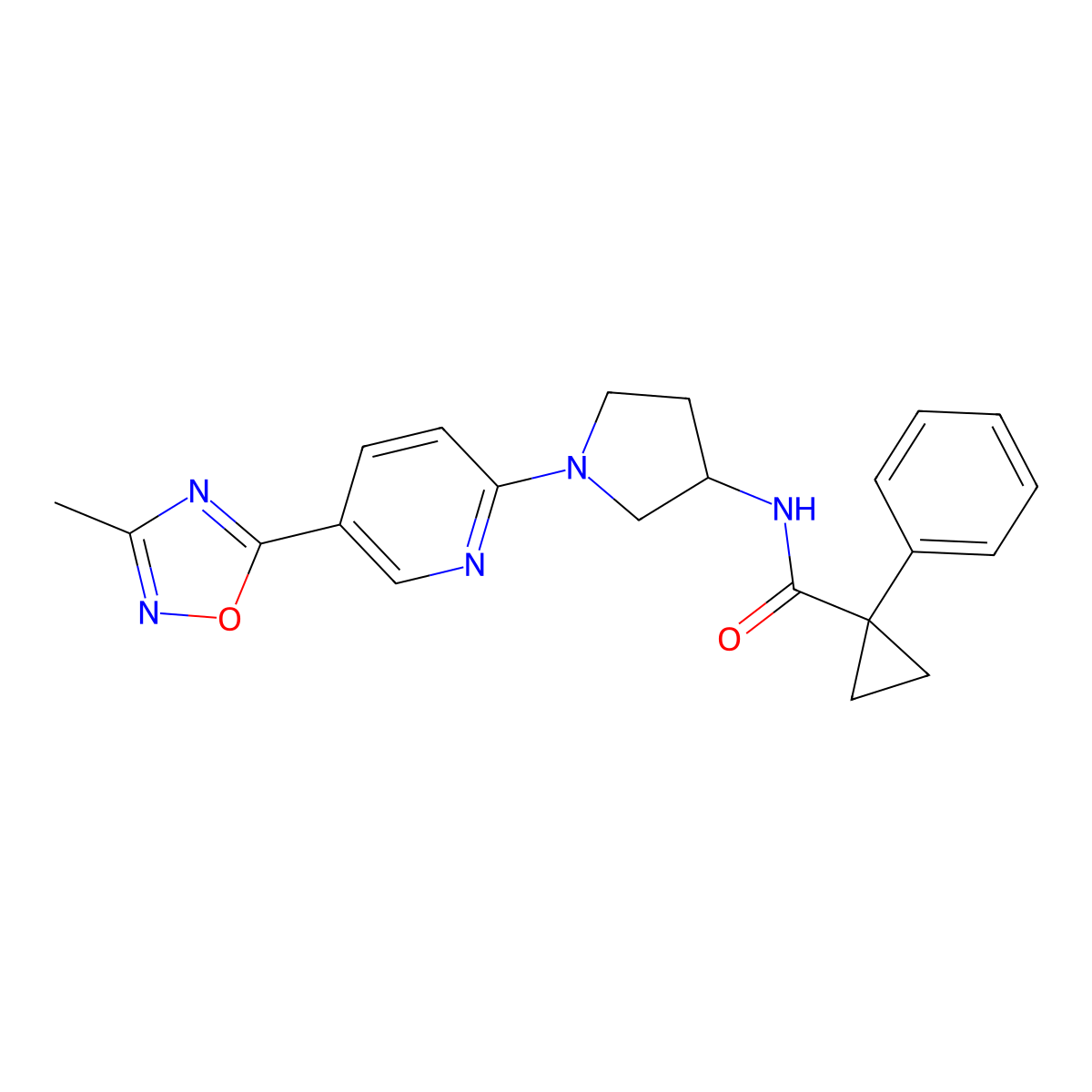 N-(1-(5-(3-methyl-1,2,4-oxadiazol-5-yl)pyridin-2-yl)pyrrolidin-3-yl)-1-phenylcyclopropanecarboxamide molecular structure, CAS 1396631-87-0