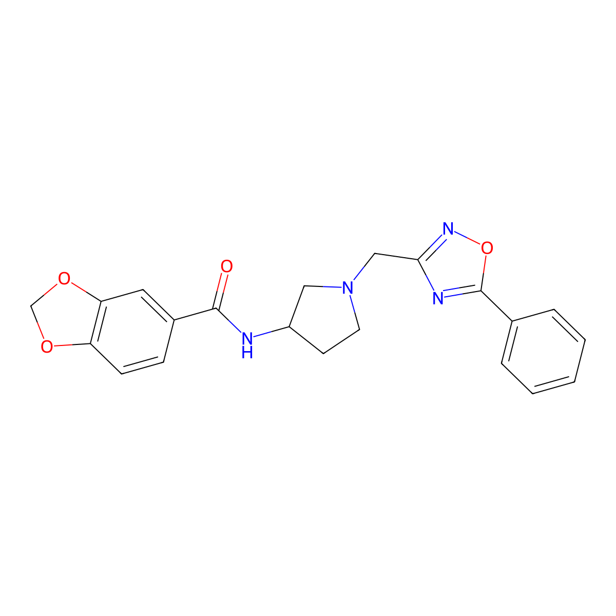 N-(1-((5-phenyl-1,2,4-oxadiazol-3-yl)methyl)pyrrolidin-3-yl)benzo[d][1,3]dioxole-5-carboxamide molecular structure, CAS 1396632-13-5