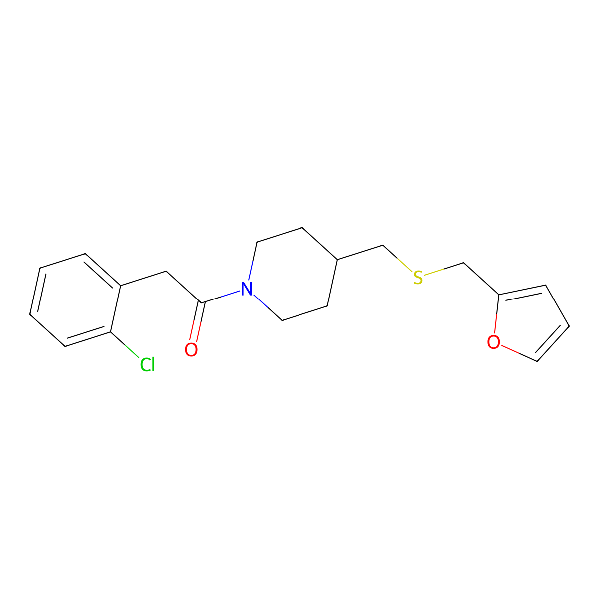 2-(2-Chlorophenyl)-1-(4-(((furan-2-ylmethyl)thio)methyl)piperidin-1-yl)ethanone molecular structure, CAS 1396632-15-7