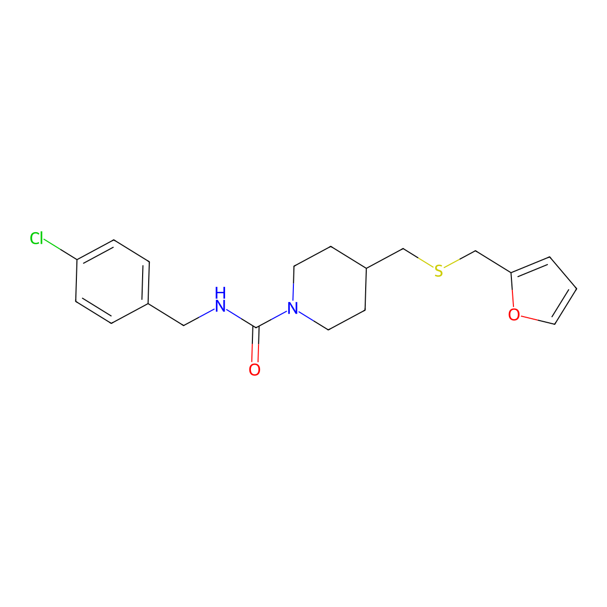 N-(4-chlorobenzyl)-4-(((furan-2-ylmethyl)thio)methyl)piperidine-1-carboxamide molecular structure, CAS 1396632-57-7