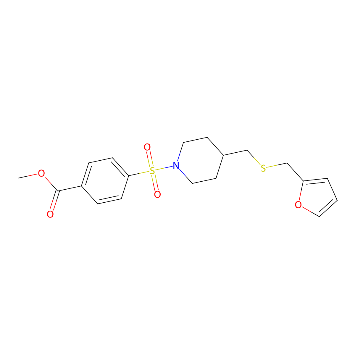 Methyl 4-{[4-({[(furan-2-yl)methyl]sulfanyl}methyl)piperidin-1-yl]sulfonyl}benzoate molecular structure, CAS 1396633-10-5