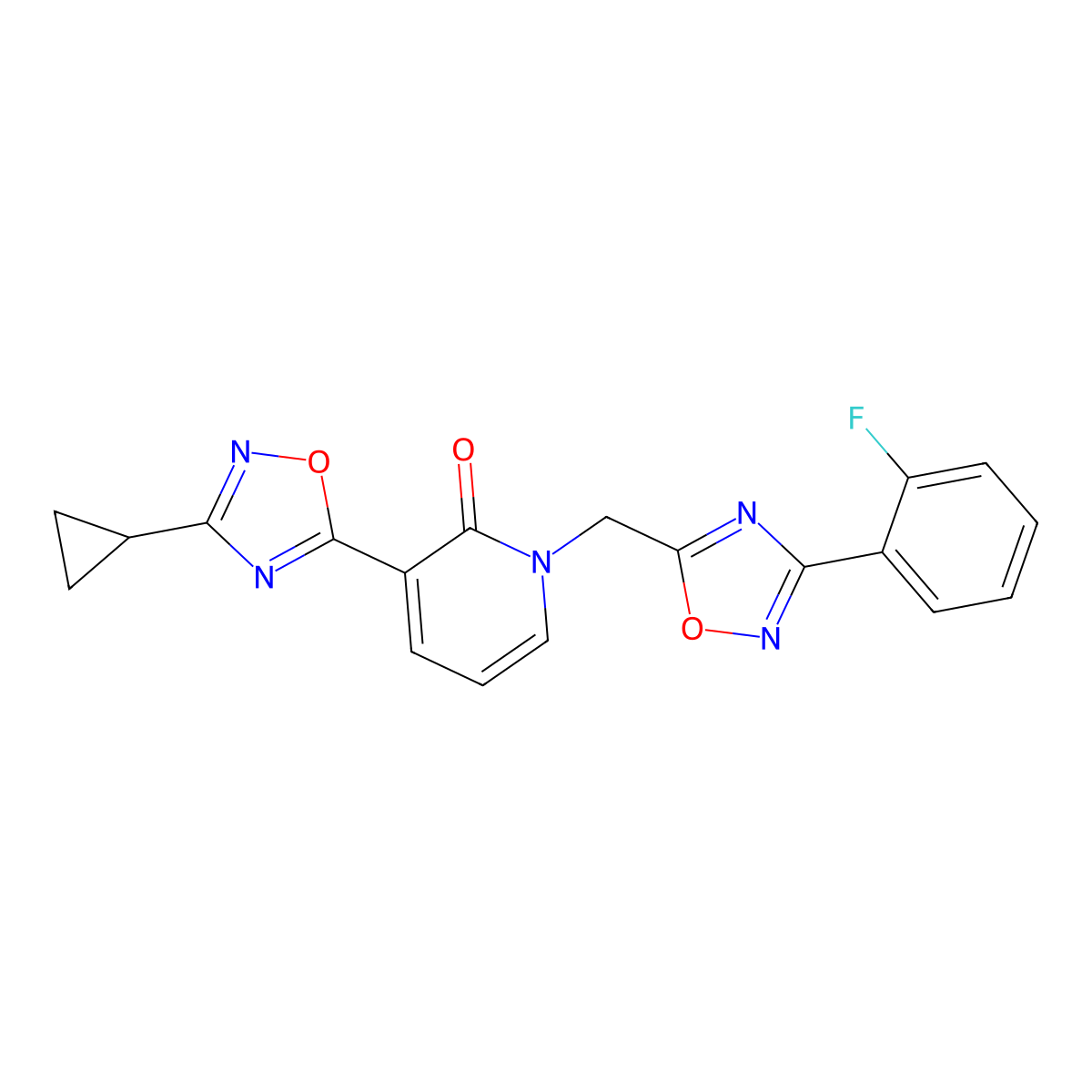 3-(3-cyclopropyl-1,2,4-oxadiazol-5-yl)-1-((3-(2-fluorophenyl)-1,2,4-oxadiazol-5-yl)methyl)pyridin-2(1H)-one molecular structure, CAS 1396633-14-9