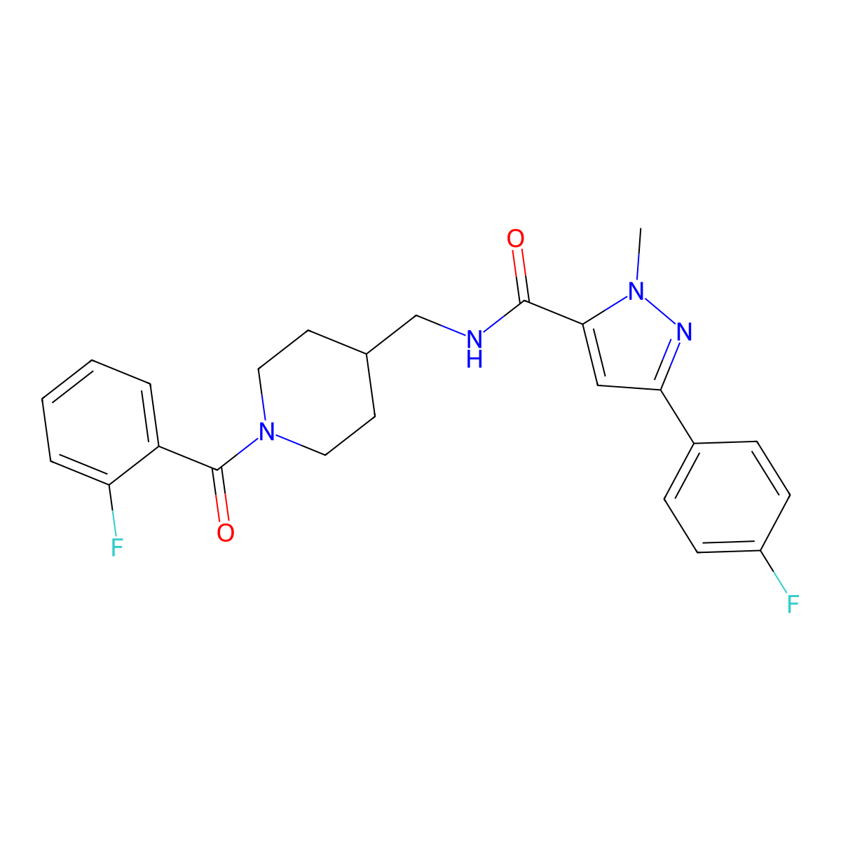N-((1-(2-fluorobenzoyl)piperidin-4-yl)methyl)-3-(4-fluorophenyl)-1-methyl-1H-pyrazole-5-carboxamide molecular structure, CAS 1396633-52-5