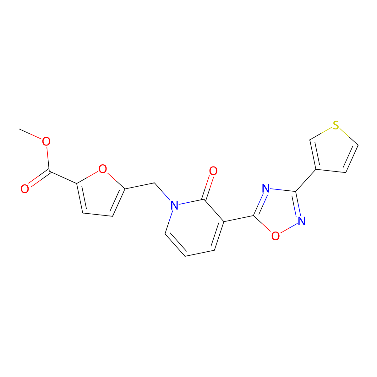 methyl 5-((2-oxo-3-(3-(thiophen-3-yl)-1,2,4-oxadiazol-5-yl)pyridin-1(2H)-yl)methyl)furan-2-carboxylate molecular structure, CAS 1396633-74-1