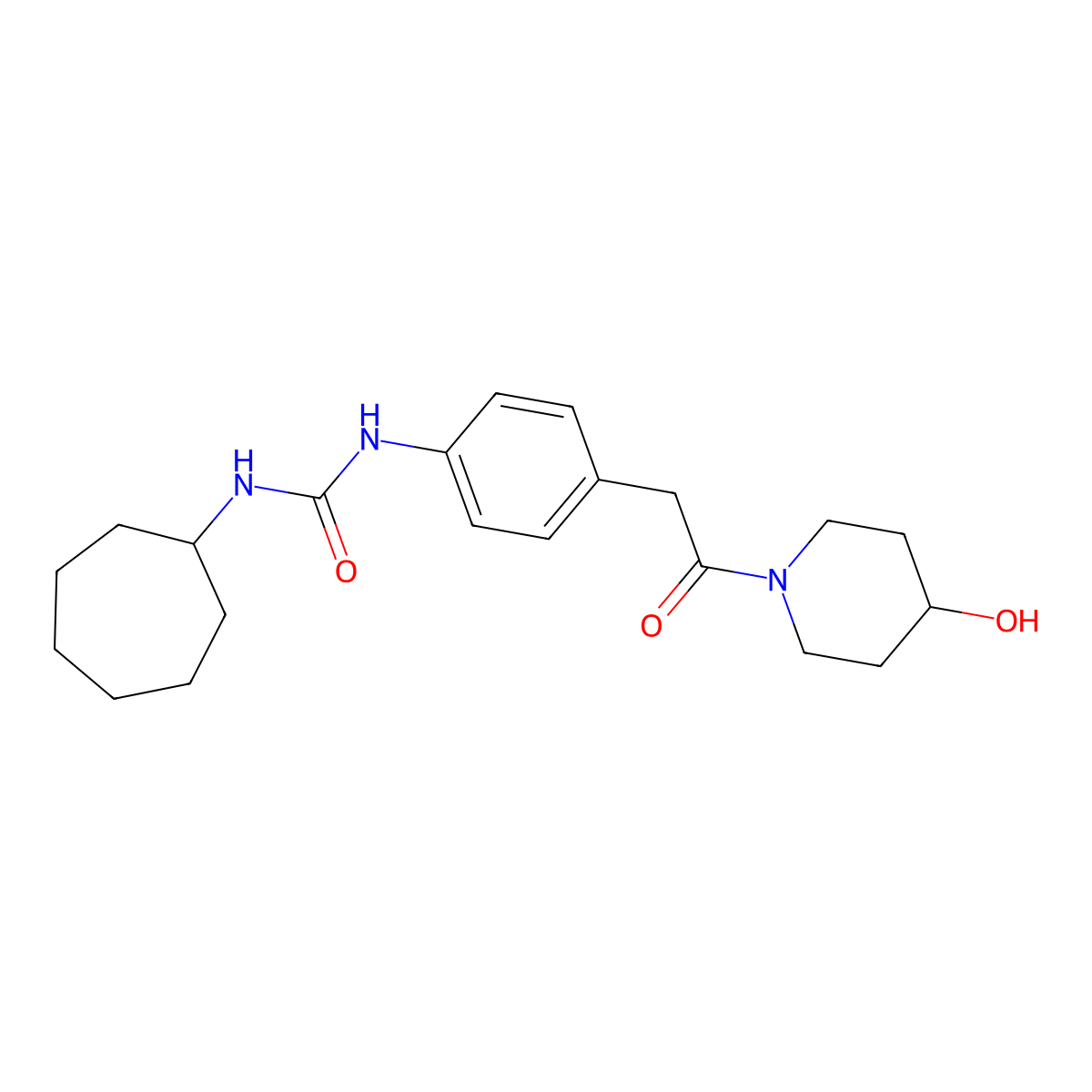 1-Cycloheptyl-3-{4-[2-(4-hydroxypiperidin-1-yl)-2-oxoethyl]phenyl}urea molecular structure, CAS 1396633-89-8
