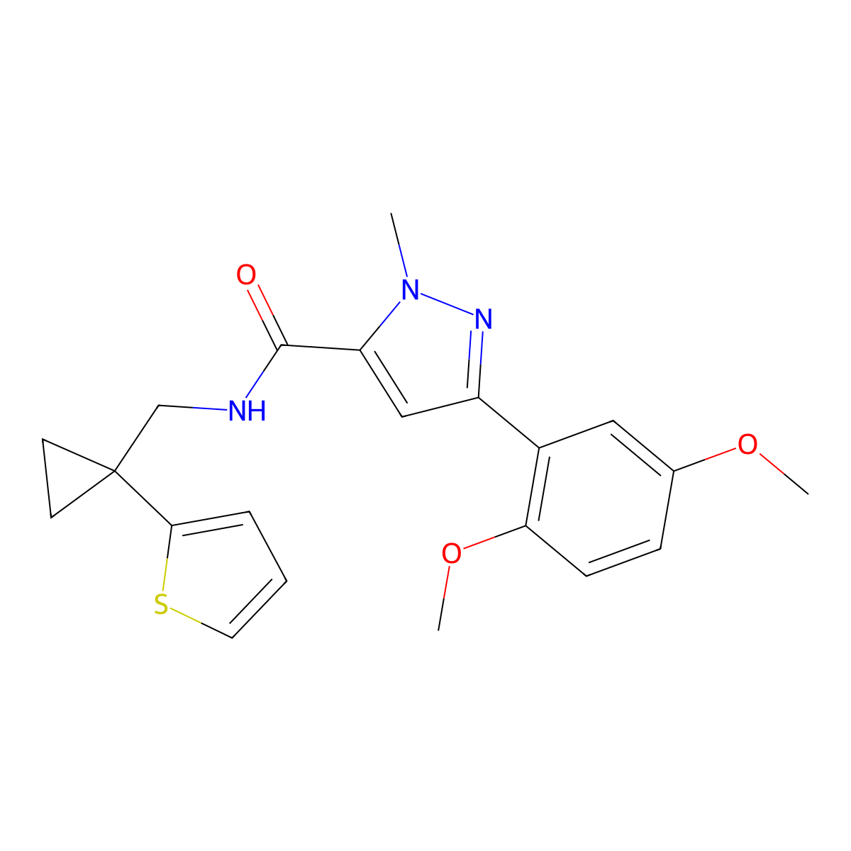 3-(2,5-dimethoxyphenyl)-1-methyl-N-{[1-(thiophen-2-yl)cyclopropyl]methyl}-1H-pyrazole-5-carboxamide molecular structure, CAS 1396634-10-8