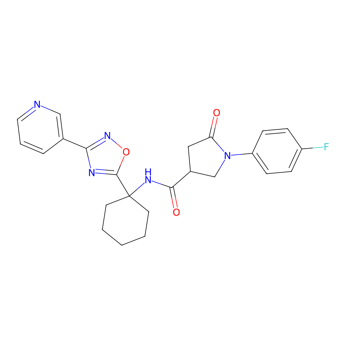 1-(4-fluorophenyl)-5-oxo-N-(1-(3-(pyridin-3-yl)-1,2,4-oxadiazol-5-yl)cyclohexyl)pyrrolidine-3-carboxamide molecular structure, CAS 1396634-77-7