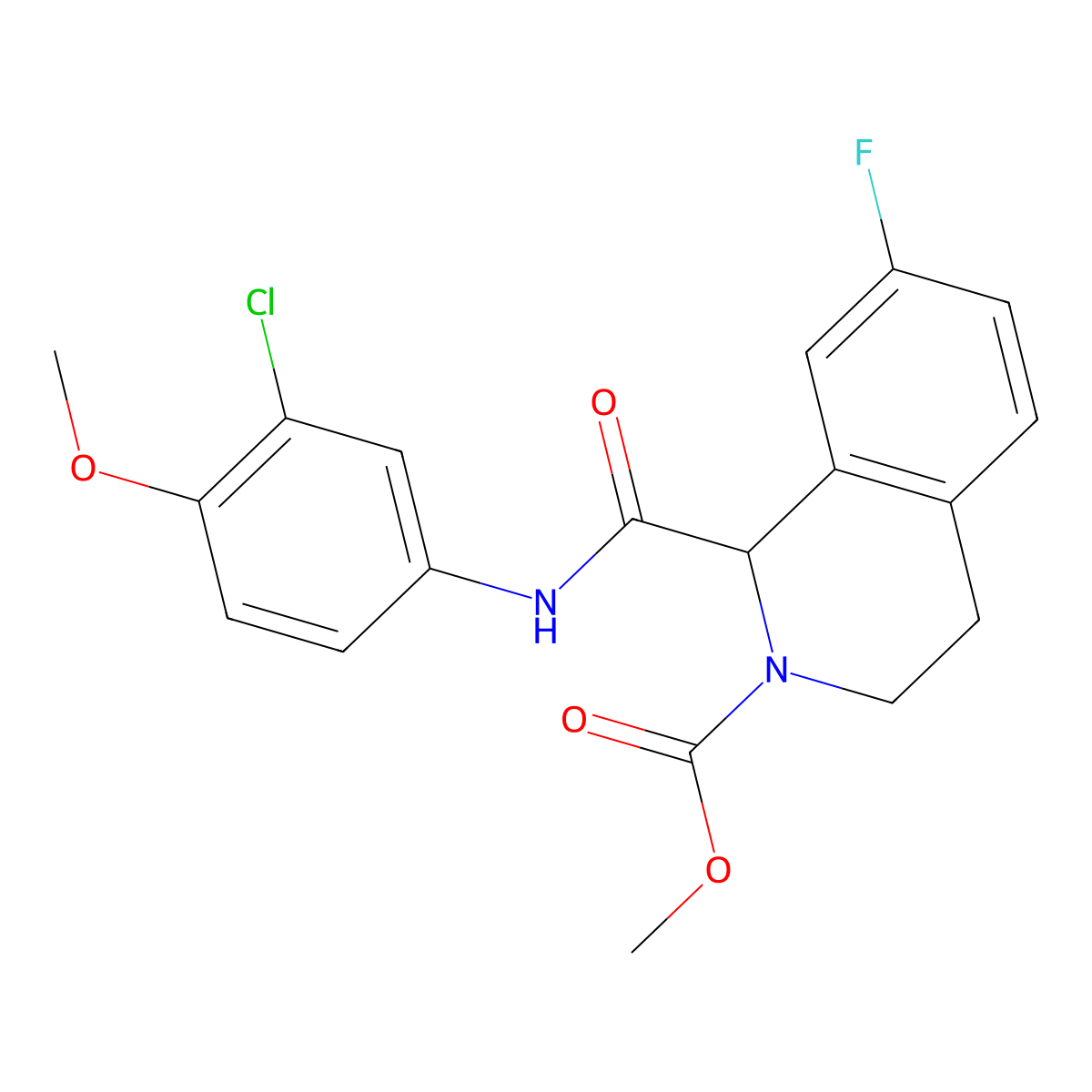 methyl 1-((3-chloro-4-methoxyphenyl)carbamoyl)-7-fluoro-3,4-dihydroisoquinoline-2(1H)-carboxylate molecular structure, CAS 1396635-08-7