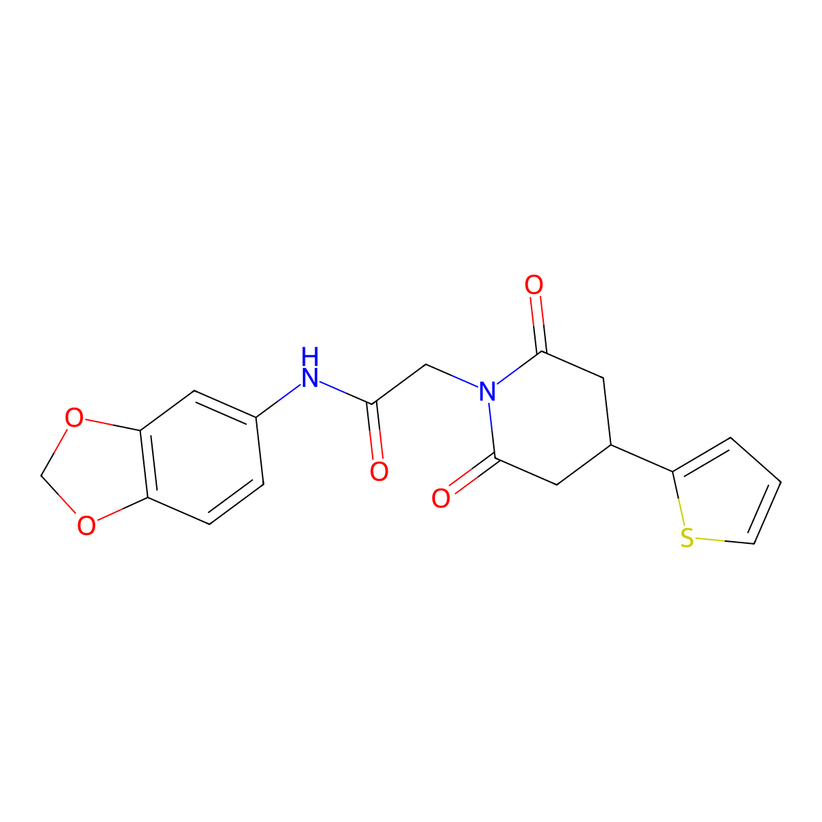 N-(benzo[d][1,3]dioxol-5-yl)-2-(2,6-dioxo-4-(thiophen-2-yl)piperidin-1-yl)acetamide molecular structure, CAS 1396635-24-7