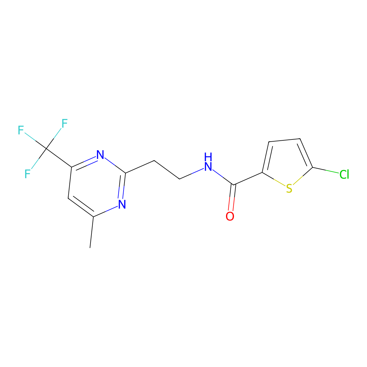 5-chloro-N-{2-[4-methyl-6-(trifluoromethyl)pyrimidin-2-yl]ethyl}thiophene-2-carboxamide molecular structure, CAS 1396635-42-9