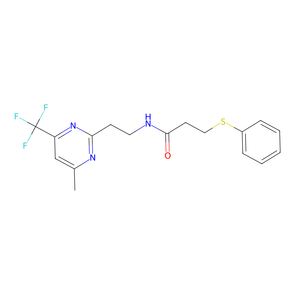 N-(2-(4-methyl-6-(trifluoromethyl)pyrimidin-2-yl)ethyl)-3-(phenylthio)propanamide molecular structure, CAS 1396635-58-7