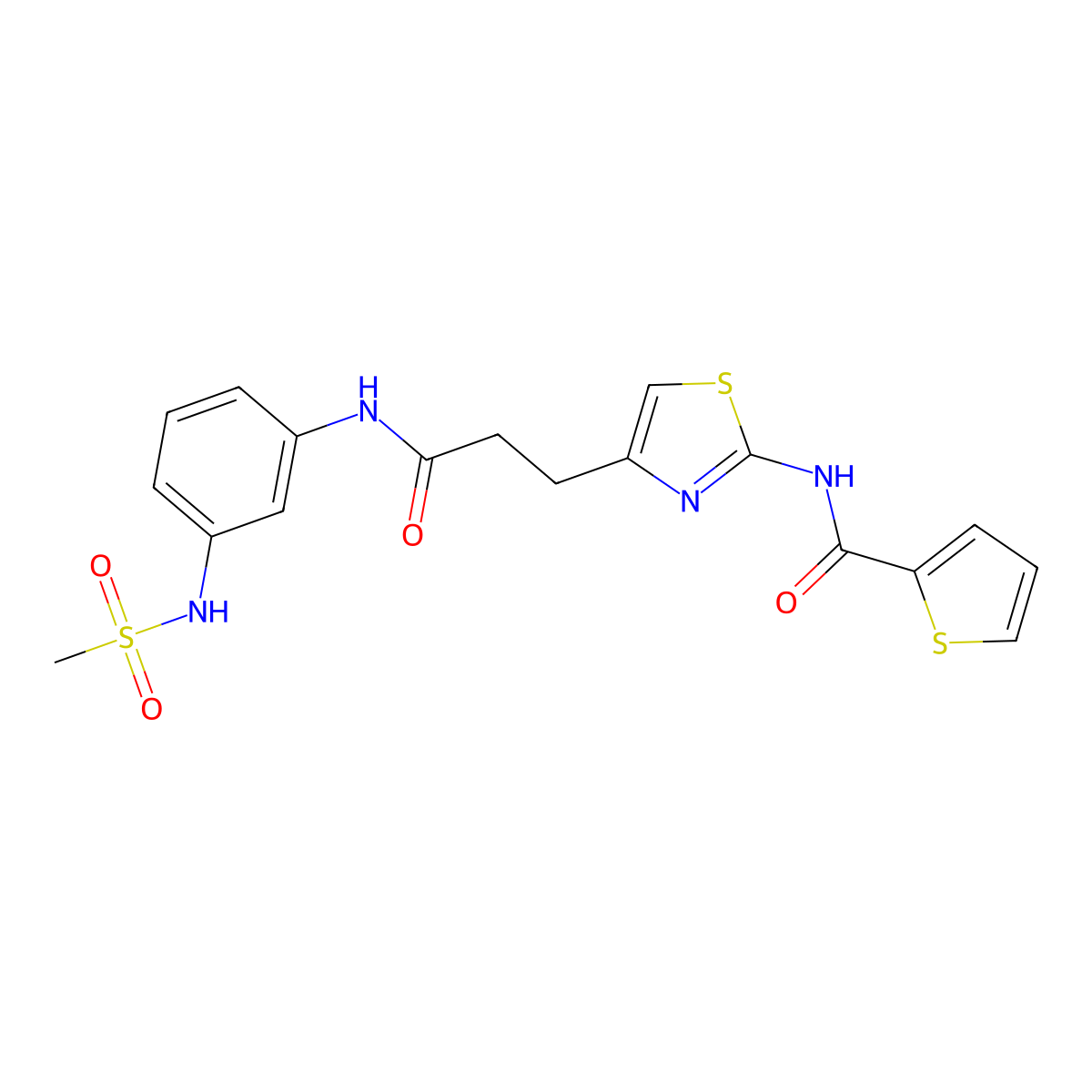 N-(4-{2-[(3-methanesulfonamidophenyl)carbamoyl]ethyl}-1,3-thiazol-2-yl)thiophene-2-carboxamide molecular structure, CAS 1396635-62-3