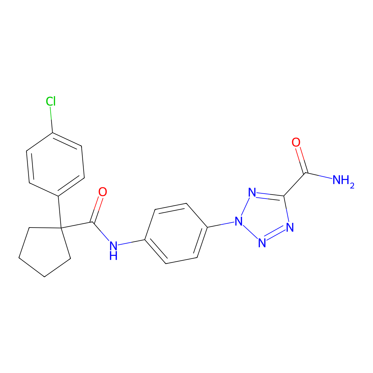 2-(4-(1-(4-chlorophenyl)cyclopentanecarboxamido)phenyl)-2H-tetrazole-5-carboxamide molecular structure, CAS 1396635-69-0