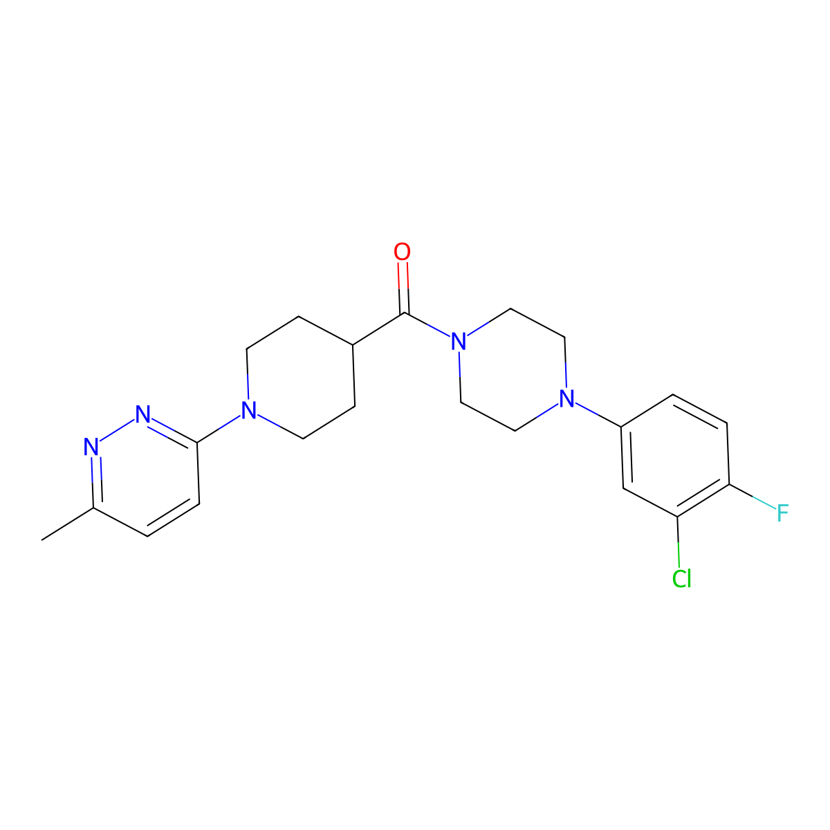 (4-(3-Chloro-4-fluorophenyl)piperazin-1-yl)(1-(6-methylpyridazin-3-yl)piperidin-4-yl)methanone molecular structure, CAS 1396635-74-7