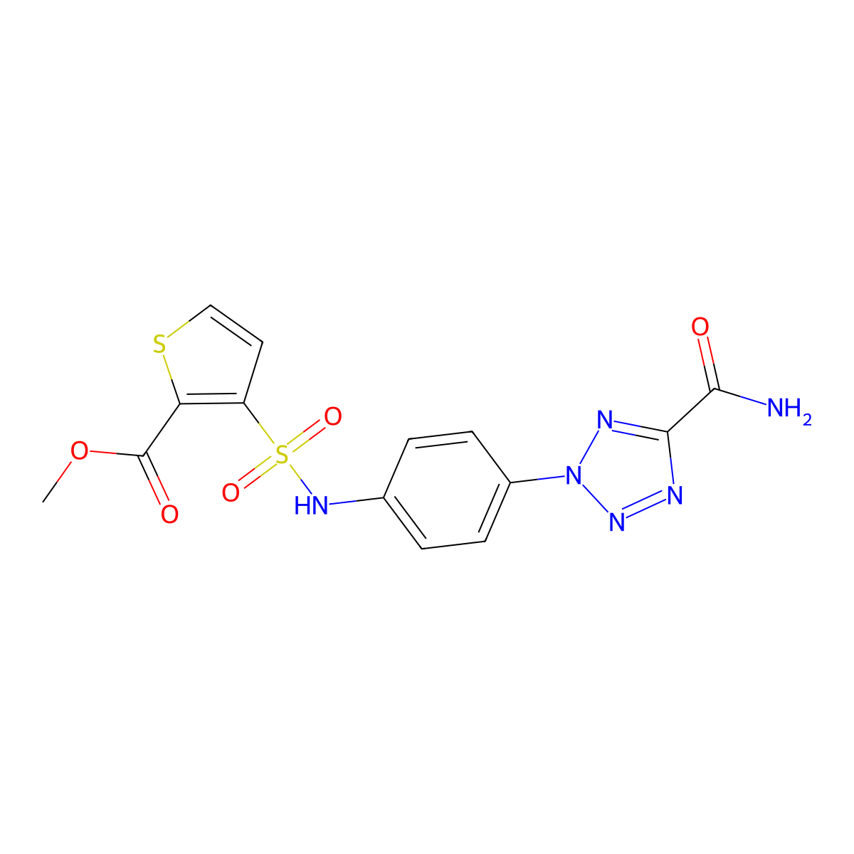 methyl 3-(N-(4-(5-carbamoyl-2H-tetrazol-2-yl)phenyl)sulfamoyl)thiophene-2-carboxylate molecular structure, CAS 1396636-35-3