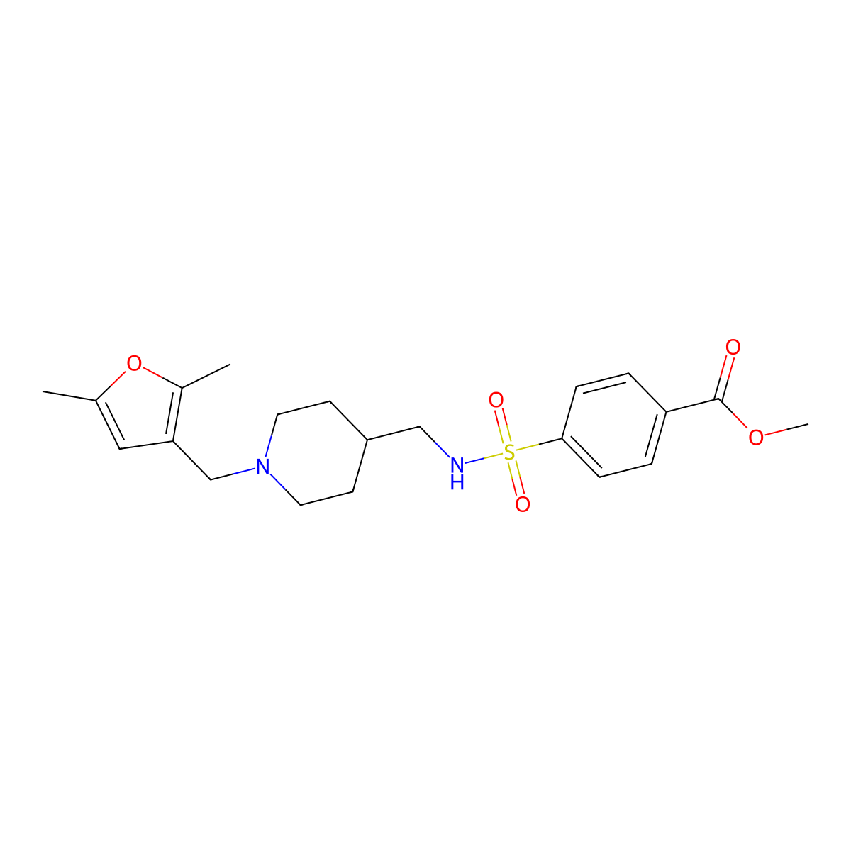 methyl 4-(N-((1-((2,5-dimethylfuran-3-yl)methyl)piperidin-4-yl)methyl)sulfamoyl)benzoate molecular structure, CAS 1396636-43-3