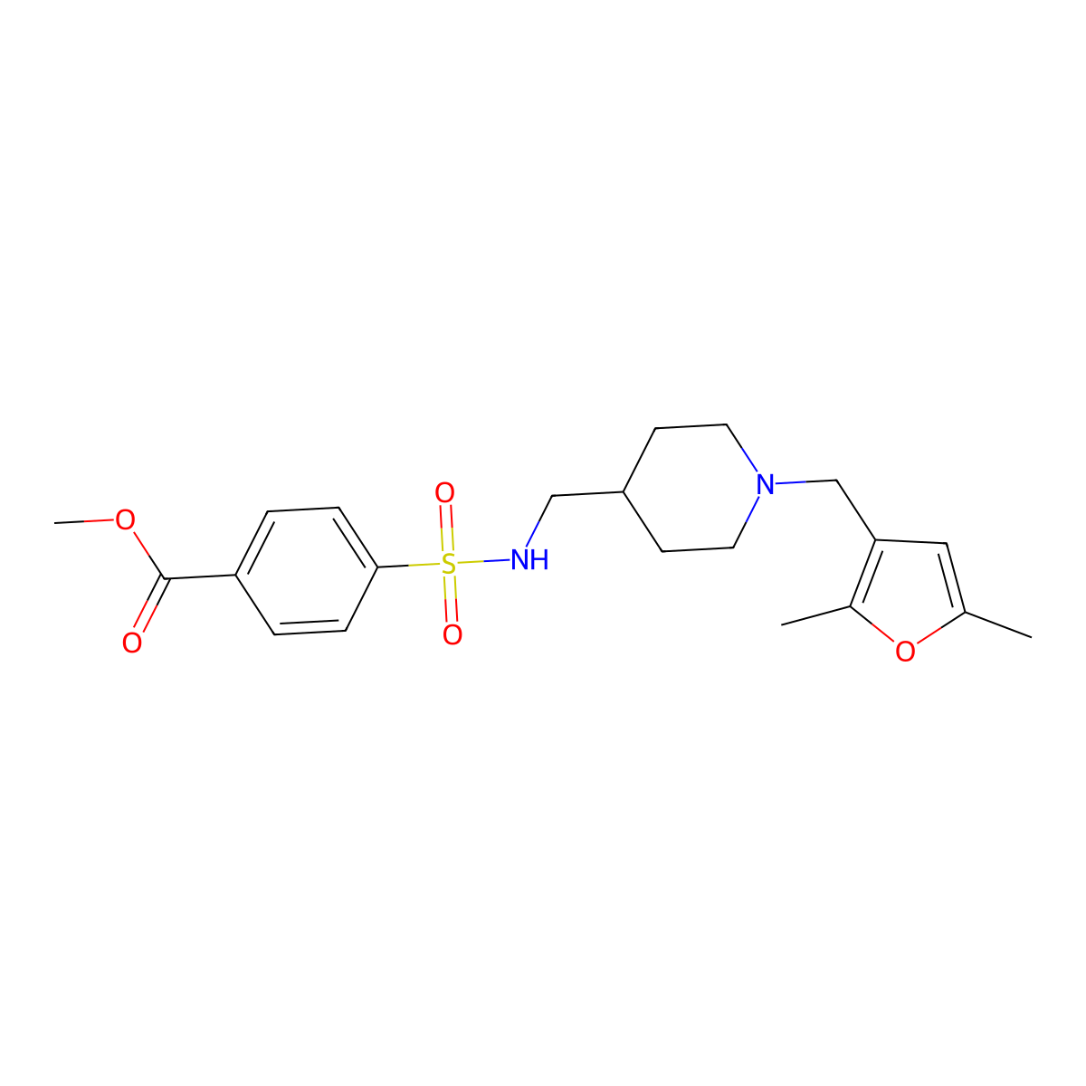 methyl 4-(N-((1-((2,5-dimethylfuran-3-yl)methyl)piperidin-4-yl)methyl)sulfamoyl)benzoate molecular structure, CAS 1396636-43-3
