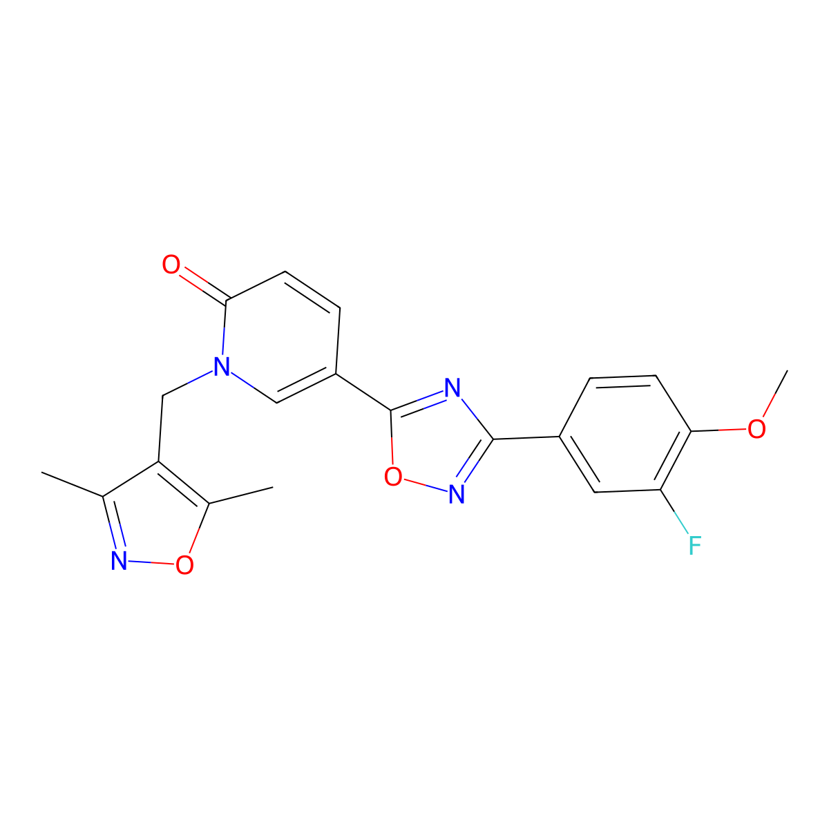 1-((3,5-dimethylisoxazol-4-yl)methyl)-5-(3-(3-fluoro-4-methoxyphenyl)-1,2,4-oxadiazol-5-yl)pyridin-2(1H)-one molecular structure, CAS 1396636-76-2