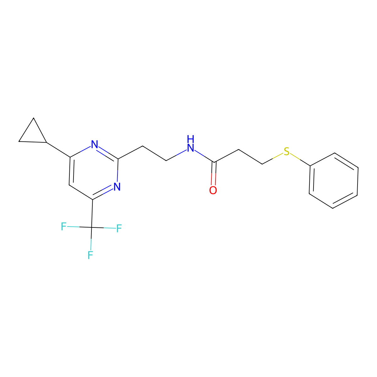 N-(2-(4-cyclopropyl-6-(trifluoromethyl)pyrimidin-2-yl)ethyl)-3-(phenylthio)propanamide molecular structure, CAS 1396636-82-0