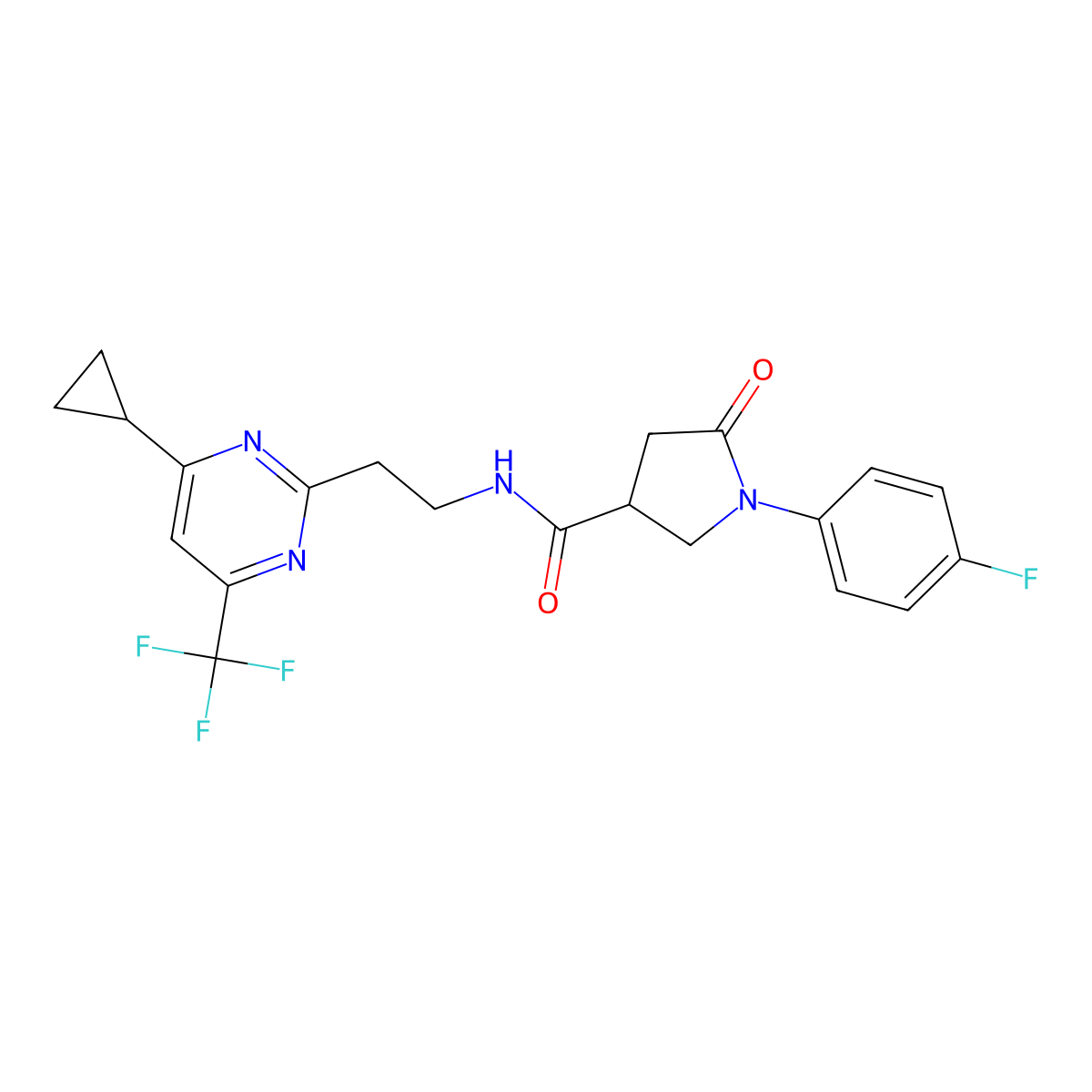N-{2-[4-cyclopropyl-6-(trifluoromethyl)pyrimidin-2-yl]ethyl}-1-(4-fluorophenyl)-5-oxopyrrolidine-3-carboxamide molecular structure, CAS 1396636-92-2