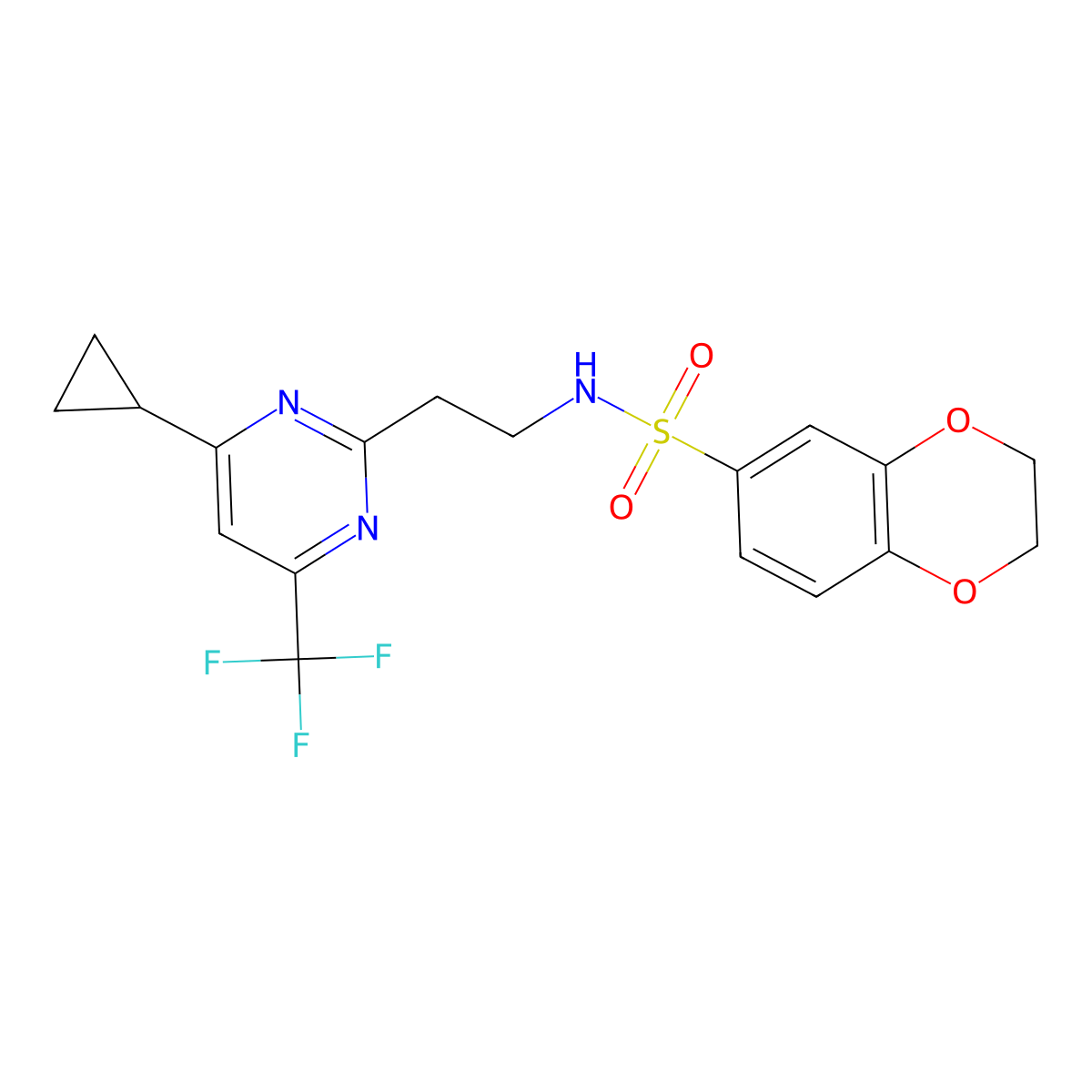 N-(2-(4-cyclopropyl-6-(trifluoromethyl)pyrimidin-2-yl)ethyl)-2,3-dihydrobenzo[b][1,4]dioxine-6-sulfonamide molecular structure, CAS 1396637-09-4
