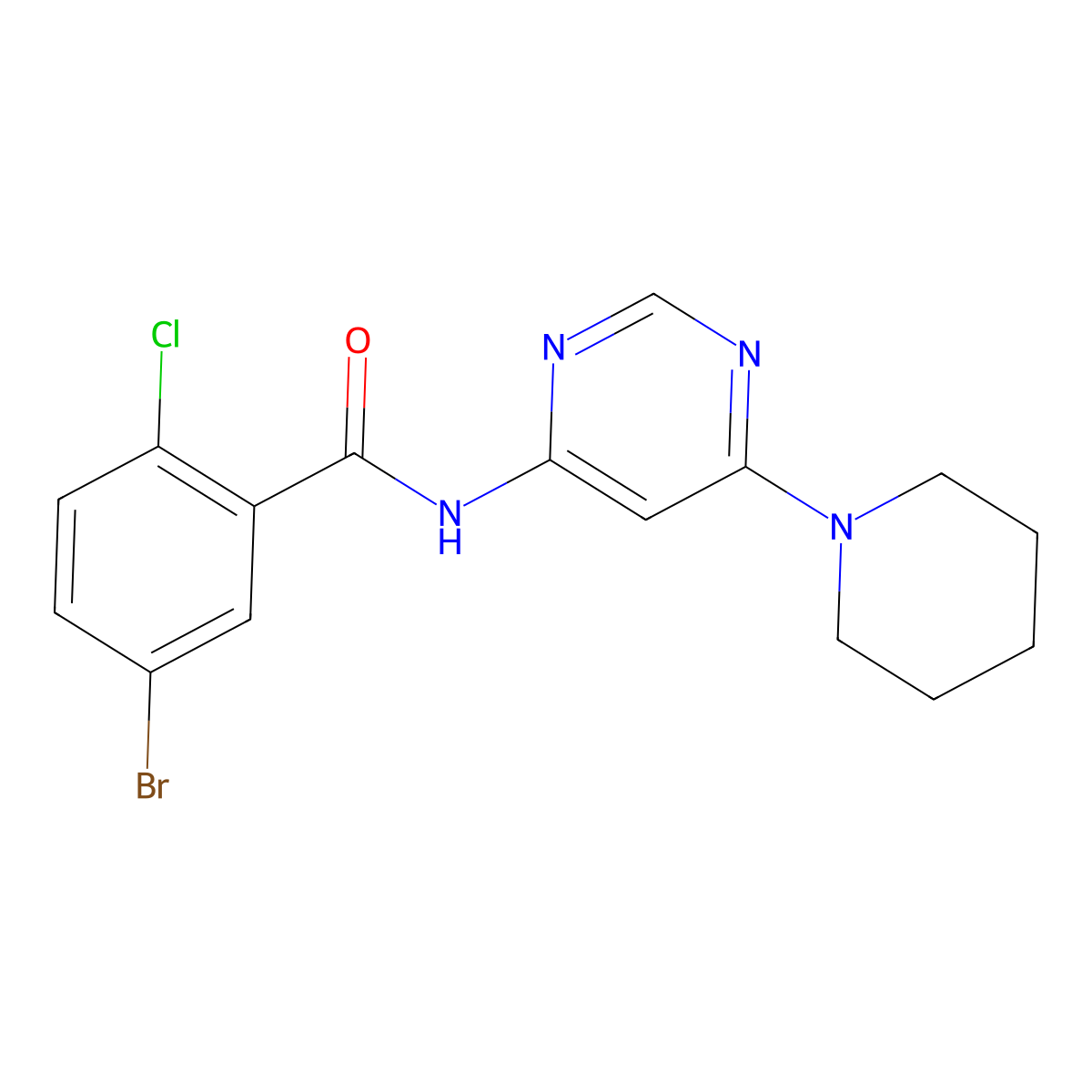 5-bromo-2-chloro-N-(6-(piperidin-1-yl)pyrimidin-4-yl)benzamide molecular structure, CAS 1396637-10-7