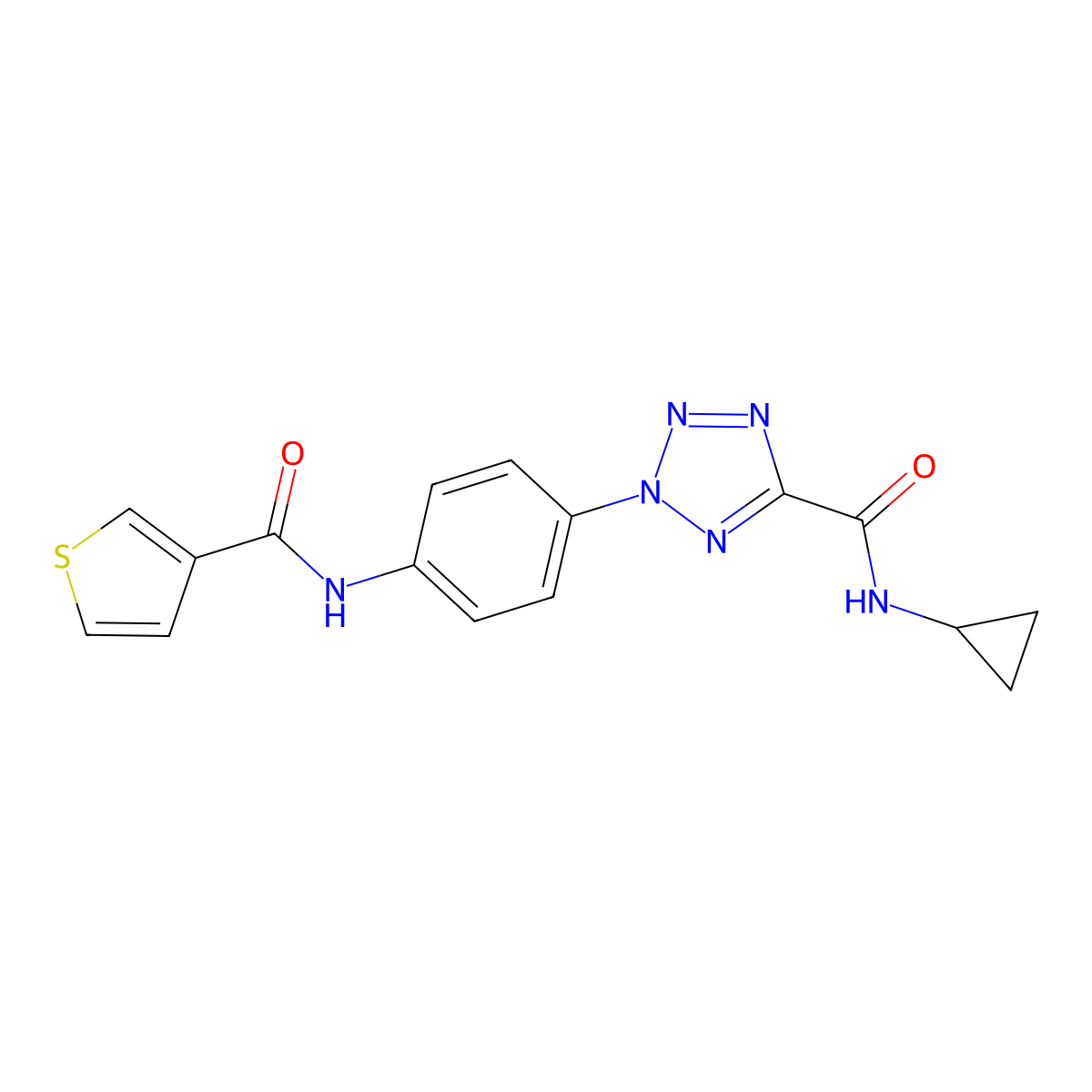 N-cyclopropyl-2-(4-(thiophene-3-carboxamido)phenyl)-2H-tetrazole-5-carboxamide molecular structure, CAS 1396637-11-8