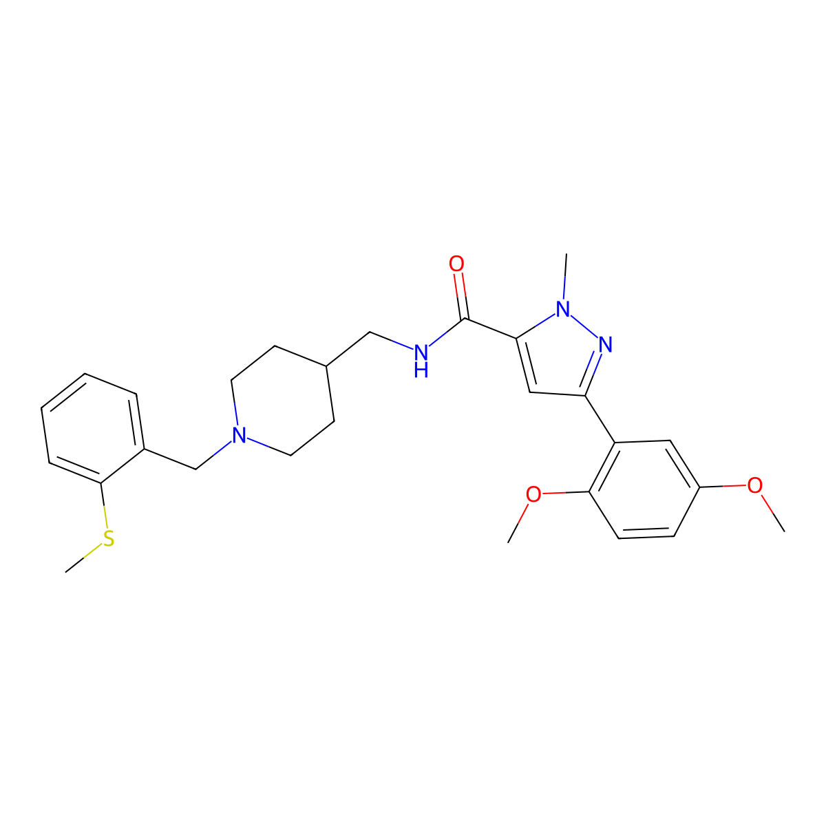 3-(2,5-dimethoxyphenyl)-1-methyl-N-((1-(2-(methylthio)benzyl)piperidin-4-yl)methyl)-1H-pyrazole-5-carboxamide molecular structure, CAS 1396637-18-5
