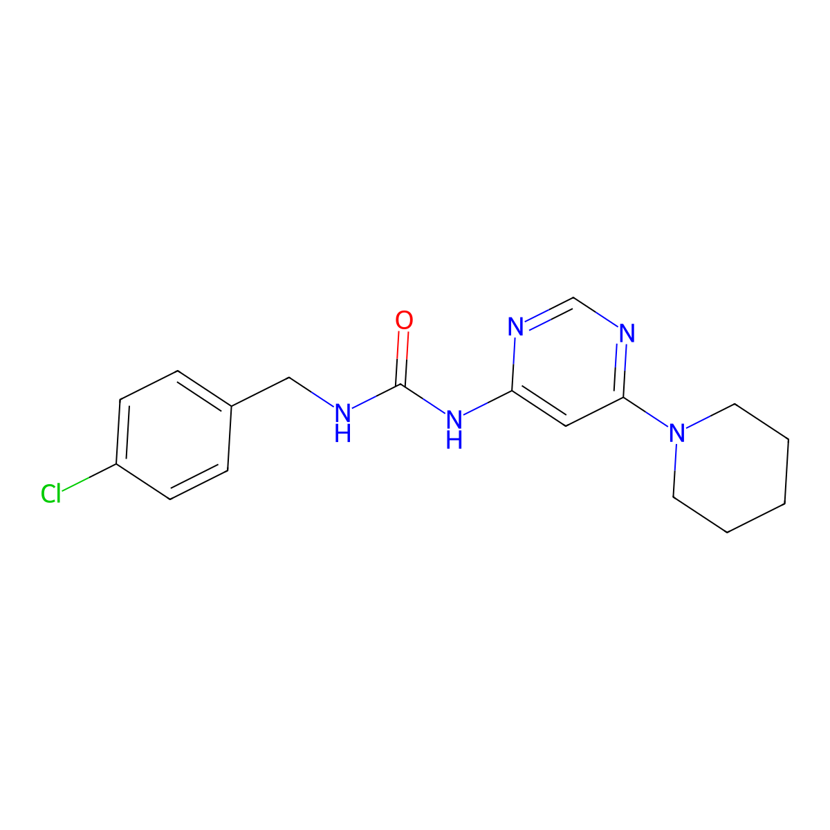 1-(4-Chlorobenzyl)-3-(6-(piperidin-1-yl)pyrimidin-4-yl)urea molecular structure, CAS 1396637-23-2