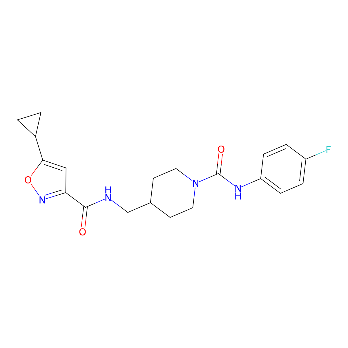 5-cyclopropyl-N-((1-((4-fluorophenyl)carbamoyl)piperidin-4-yl)methyl)isoxazole-3-carboxamide molecular structure, CAS 1396637-24-3